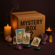 Mystery Box fr&aring;n Tarothuset med kristaller, tarotkort, r&ouml;kelse och t&auml;nda ljus &ndash; magisk &ouml;verraskningsl&aring;da f&ouml;r tarot och spiritualitet.